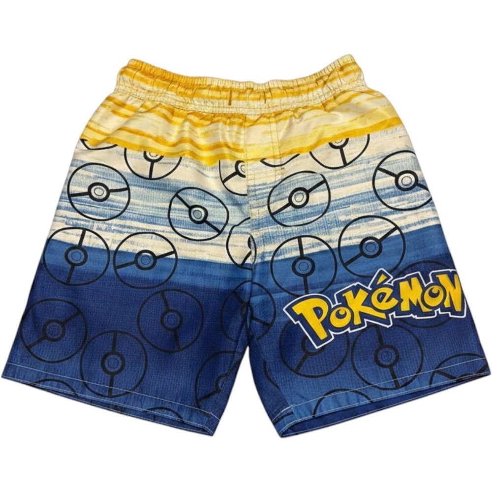 Pokemon Boys Swim Trunks Blue‎ Yellow Poke Ball Print Mesh Lined Size Medium M